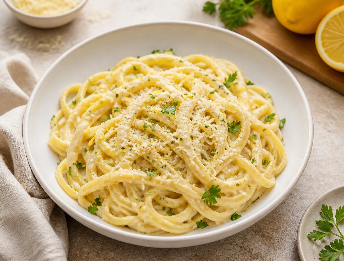 Creamy lemon pasta topped with parmesan and parsley