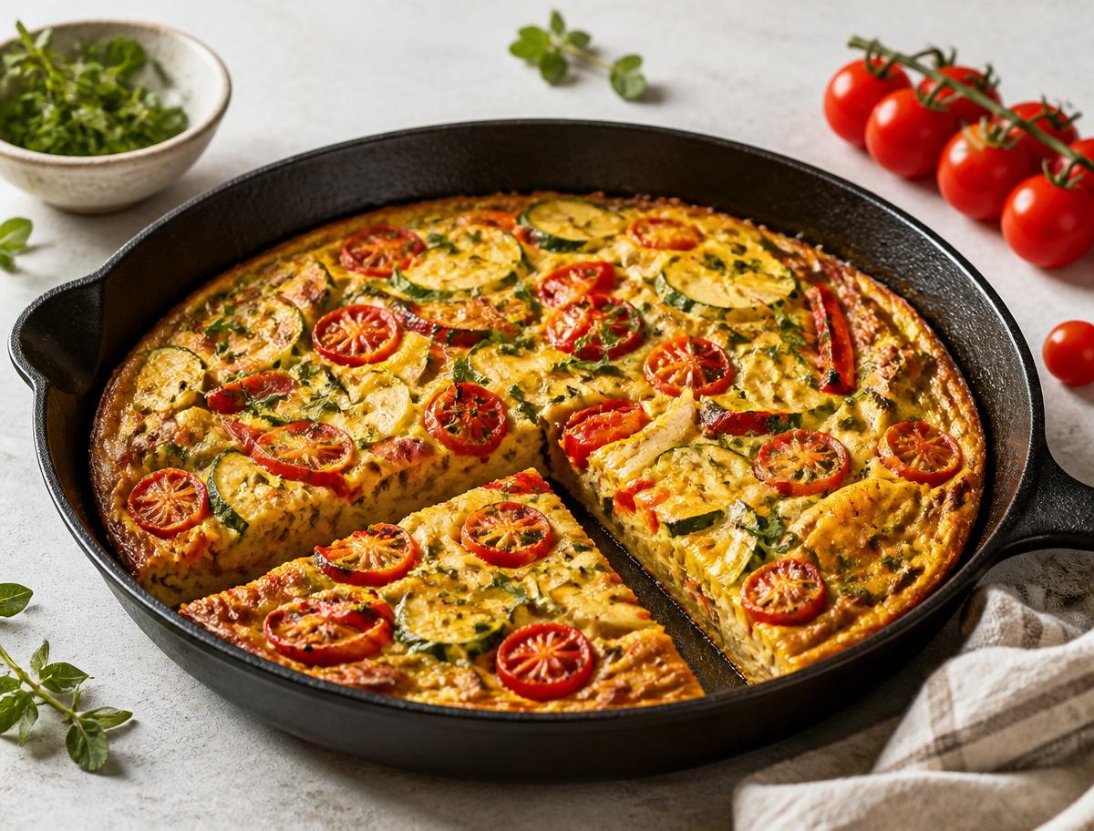 Golden roasted vegetable frittata with tomatoes and zucchini