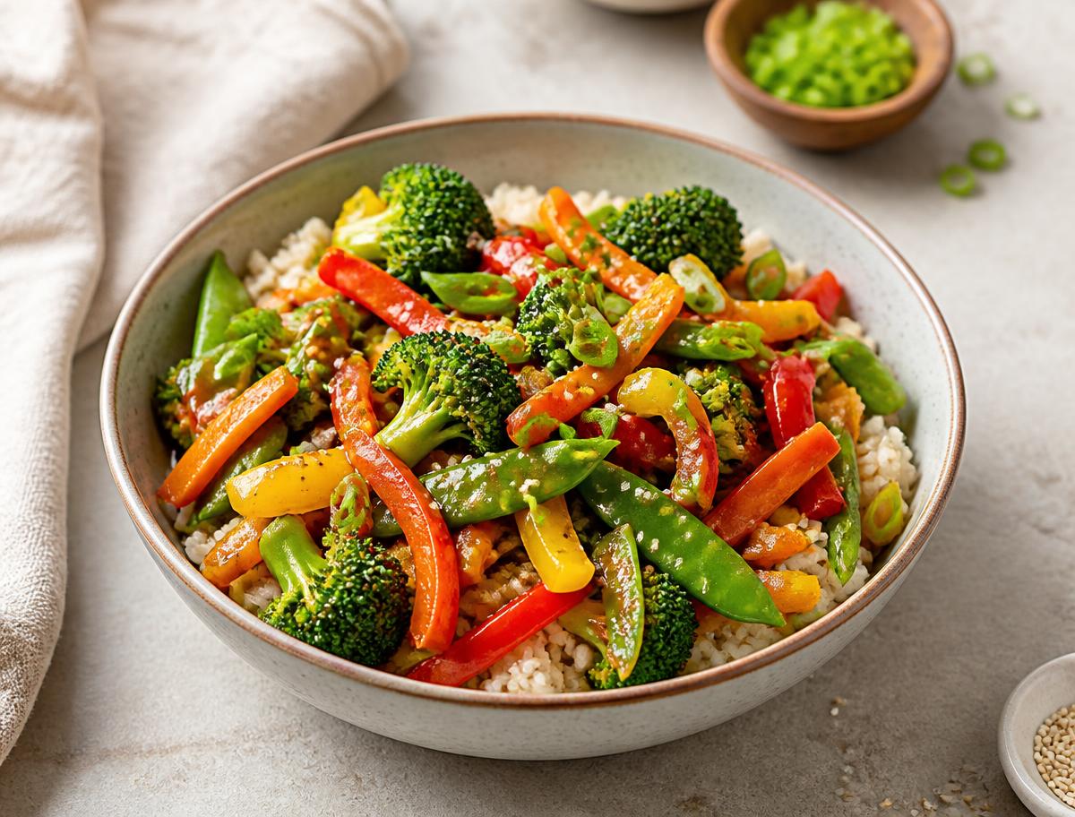 Colorful vegetable stir-fry served over rice